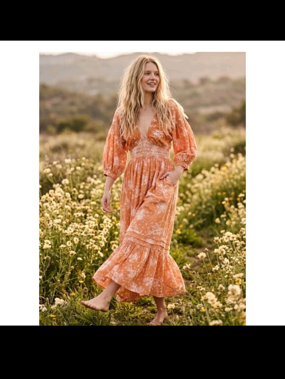 Women's Orange Floral Maxi Dress with Smocked Waist